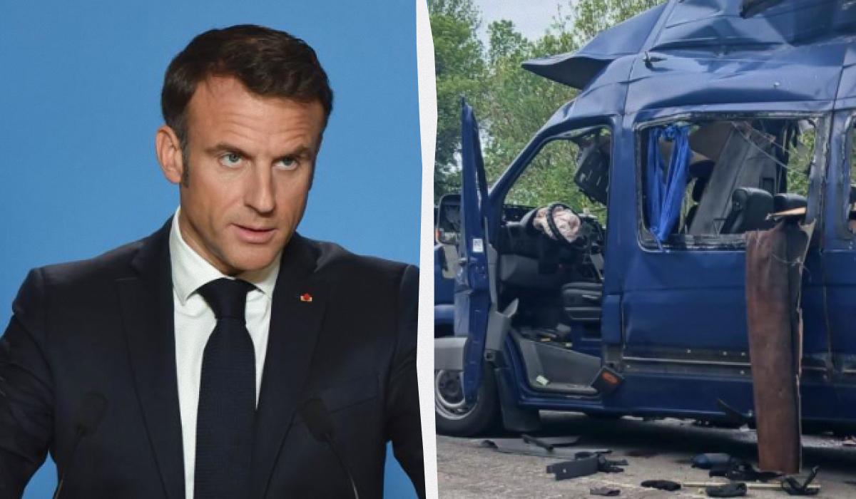 Макрон отреагировал на российский удар по автобусу на Сумщине / коллаж УНИАН, фото European Union, Сумской областной прокуратуры Макрон отреагировал на российский удар по автобусу на Сумщине / коллаж УНИАН, фото European Union, Сумской областной прокуратуры