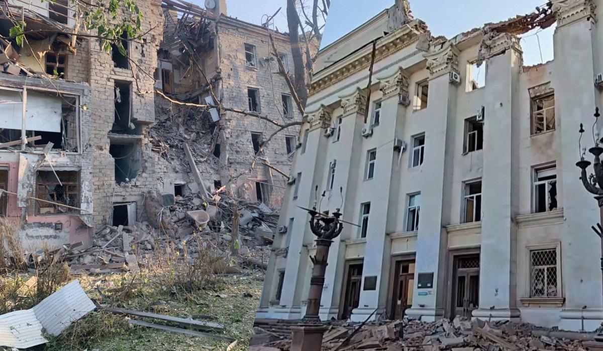 У місті внаслідок атаки зруйновано багато будівель, серед яких Херсонська ОВА / колаж УНІАН, фото Херсонська обласна прокуратура, скриншот У місті внаслідок атаки зруйновано багато будівель, серед яких Херсонська ОВА / колаж УНІАН, фото Херсонська обласна прокуратура, скриншот