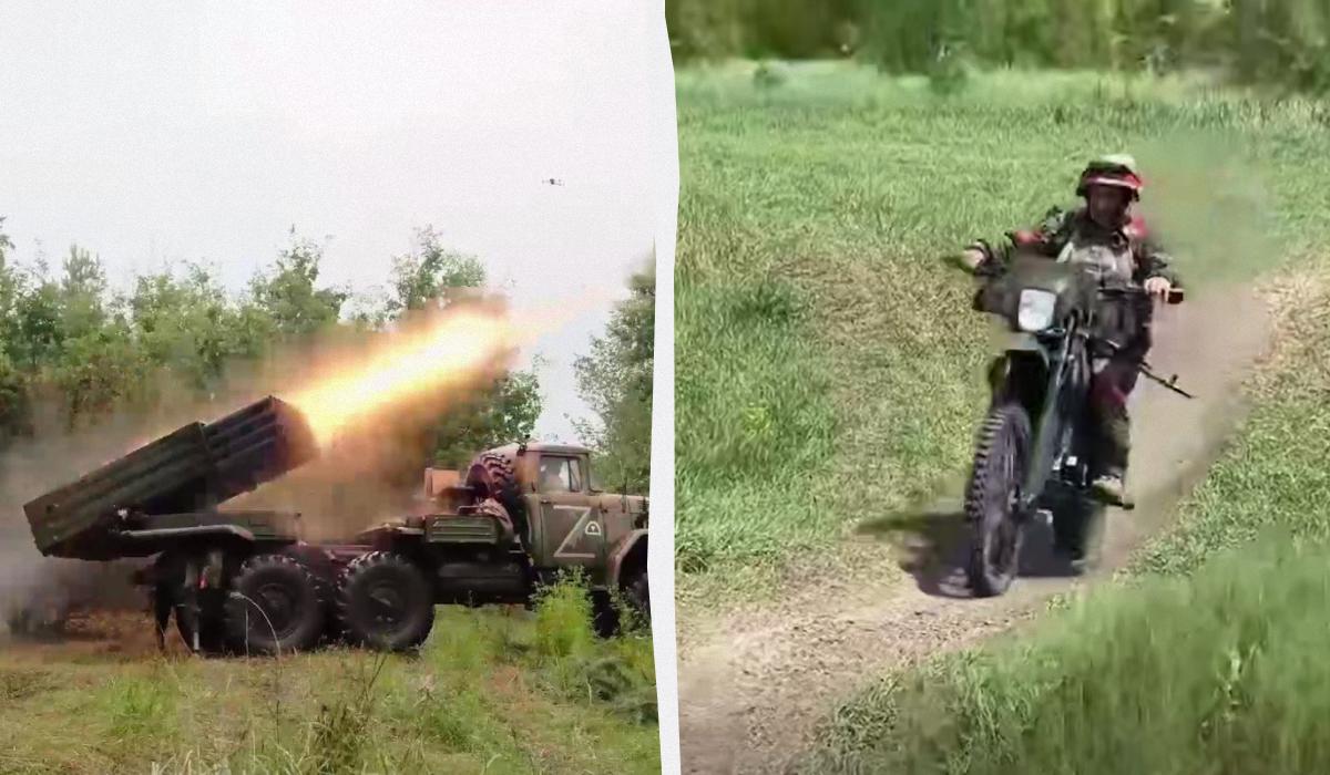 Росіяни використовують мотоцикли як кавалерію / колаж УНІАН, кадри з відео Росіяни використовують мотоцикли як кавалерію / колаж УНІАН, кадри з відео