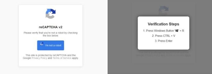 Підроблена перевірка reCAPTCHA, яка дає жертві інструкцію вставити та виконати шкідливу команду на своєму пристрої. Підроблена перевірка reCAPTCHA, яка дає жертві інструкцію вставити та виконати шкідливу команду на своєму пристрої.