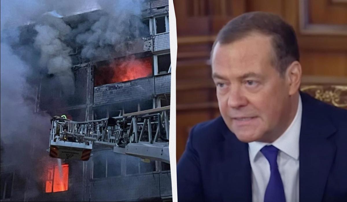 Медведєв пригрозив посиленням ударів по Україні, зокрема - Києву / колаж УНІАН, фото ДСНС, скріншот Медведєв пригрозив посиленням ударів по Україні, зокрема - Києву / колаж УНІАН, фото ДСНС, скріншот