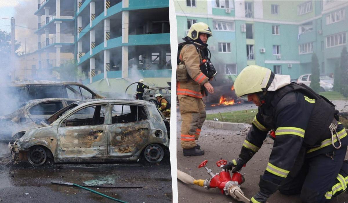 РФ ударила по центру Харькова авиабомбами / коллаж УНІАН, фото ГСЧС