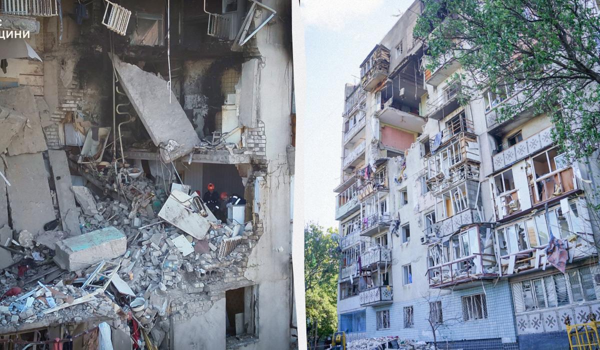 Постраждала від російського удару багатоповерхівка / колаж УНІАН, фото facebook.com/DSNSODE Постраждала від російського удару багатоповерхівка / колаж УНІАН, фото facebook.com/DSNSODE