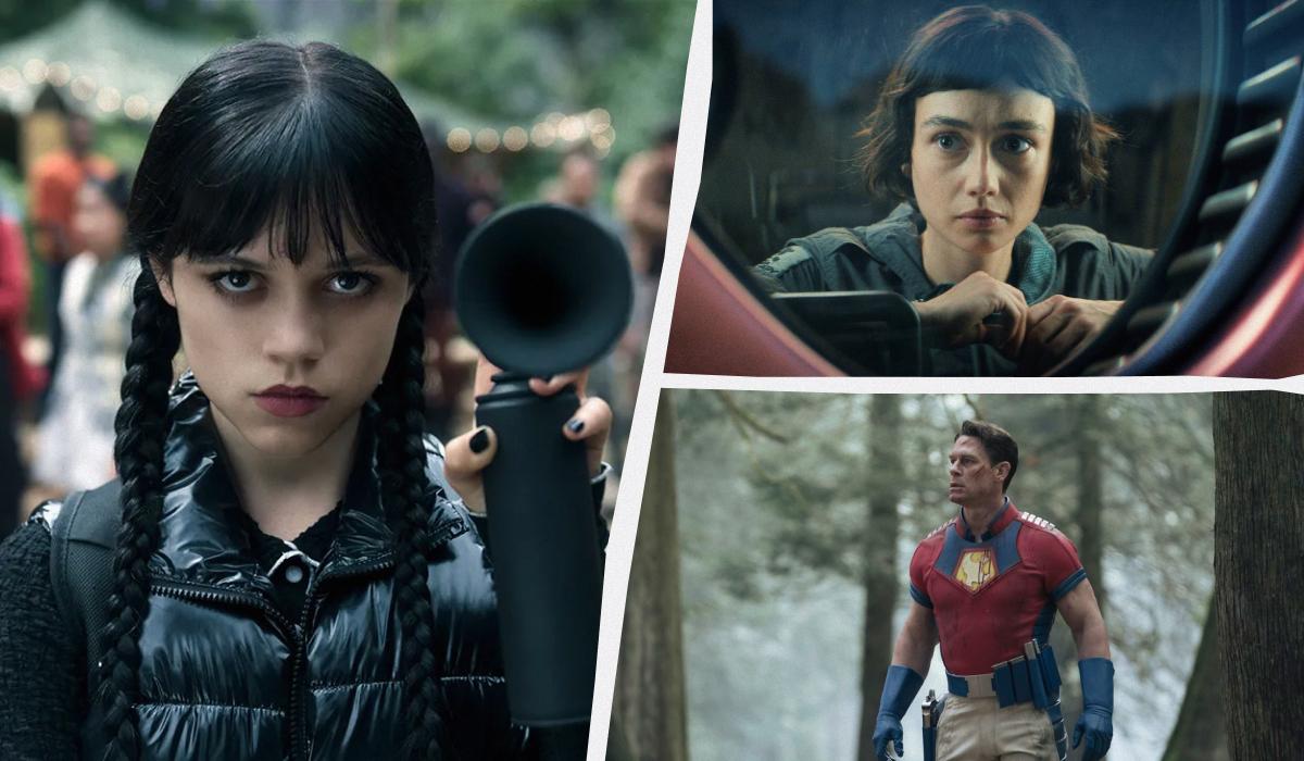 Кадри з серіалів "Венздей", "Чужий" та "Миротворець" / колаж УНІАН, скріншоти