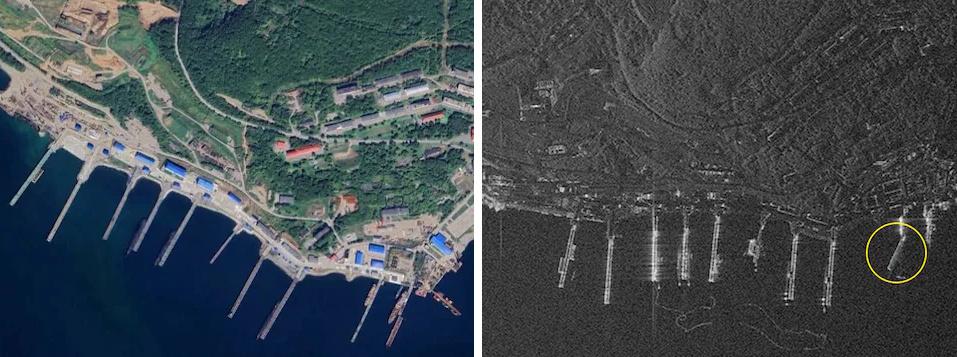 База підводних човнів в середині липня (ліворуч) та наступного дня після землетрусу (праворуч) / фото telegraph.co.uk База підводних човнів в середині липня (ліворуч) та наступного дня після землетрусу (праворуч) / фото telegraph.co.uk