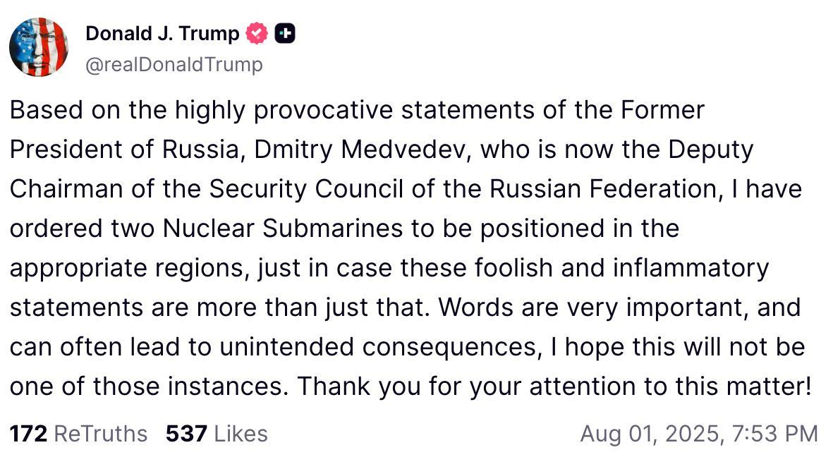 Публикация Дональда Трампа / скриншот Truth Social