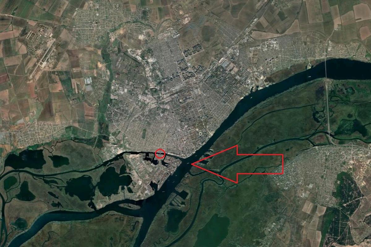 Район Корабел і міст (у червоному колі), по якому вдарили росіяни / мапа google.com/maps Район Корабел і міст (у червоному колі), по якому вдарили росіяни / мапа google.com/maps