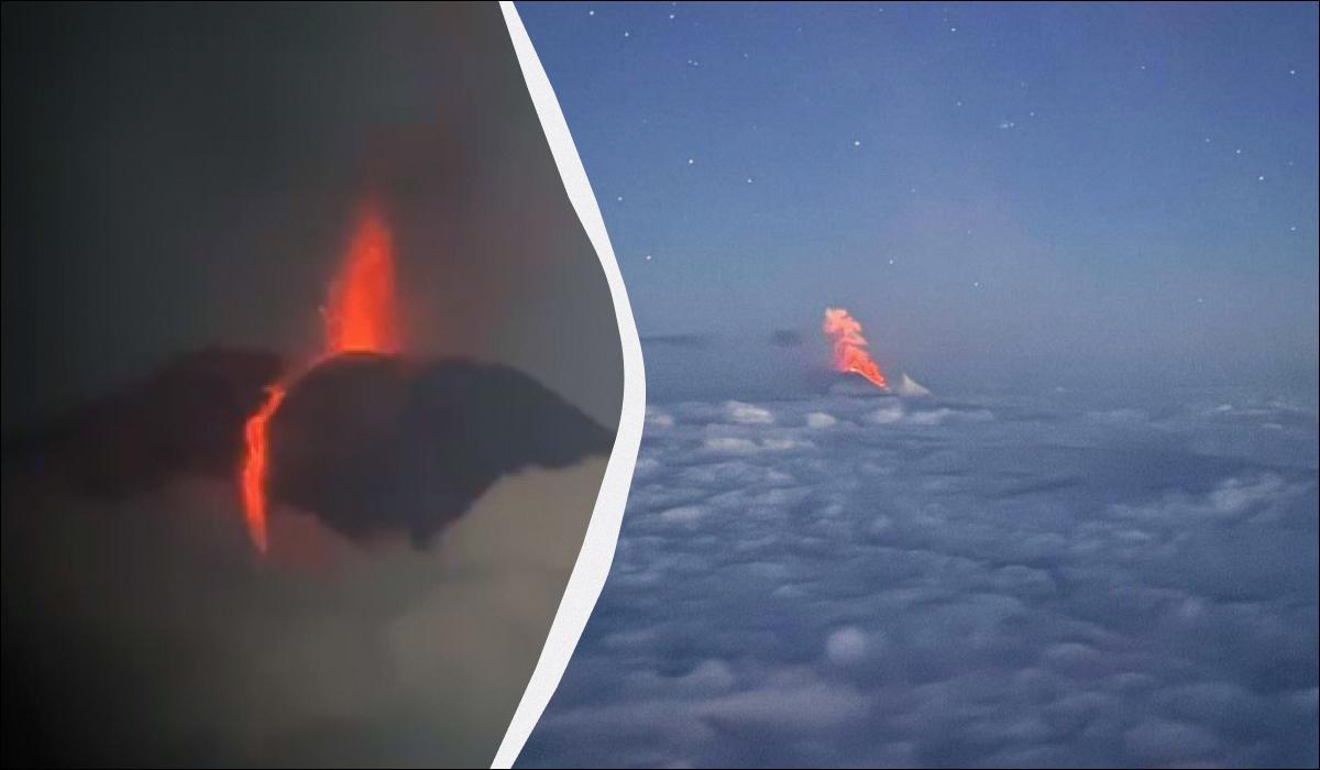 Вогонь з вулкану піднявся над хмарами та його побачили пасажири літаків / колаж УНІАН, фото скріншот