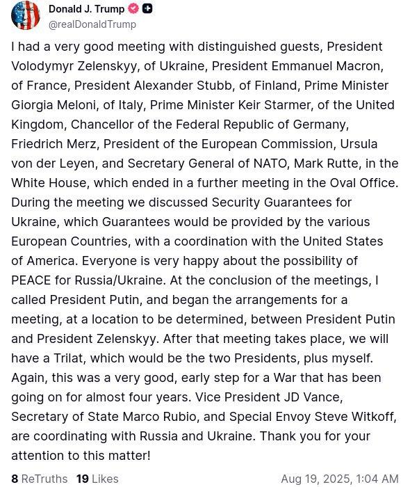 Трамп розповів про результати зустрічі з Зеленським та розмову з Путіним / Фото: Telegram