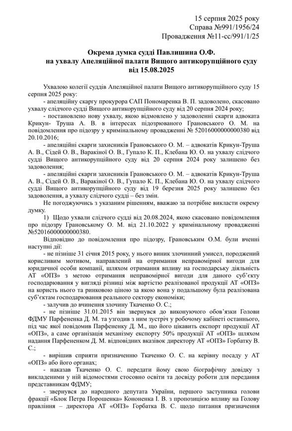Сторона обвинувачення не долучила жодного доказу на підтвердження, що Грановський вчинив злочин - окрема думка судді АП ВАКС Павлишина Сторона обвинувачення не долучила жодного доказу на підтвердження, що Грановський вчинив злочин - окрема думка судді АП ВАКС Павлишина