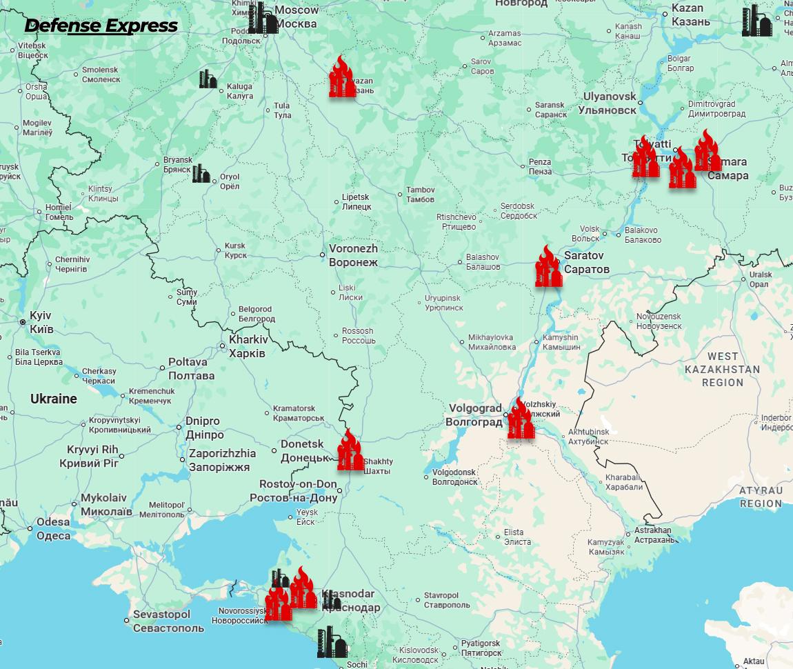 Карта ударов по российским НПЗ / Defense Express Карта ударов по российским НПЗ / Defense Express