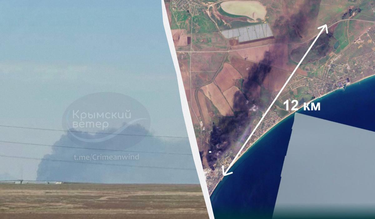 Пожежа на НПЗ у Феодосії не вщухає / Колаж УНІАН, фото PlanetLabs/Радіо Свобода, Кримський вітер Пожежа на НПЗ у Феодосії не вщухає / Колаж УНІАН, фото PlanetLabs/Радіо Свобода, Кримський вітер