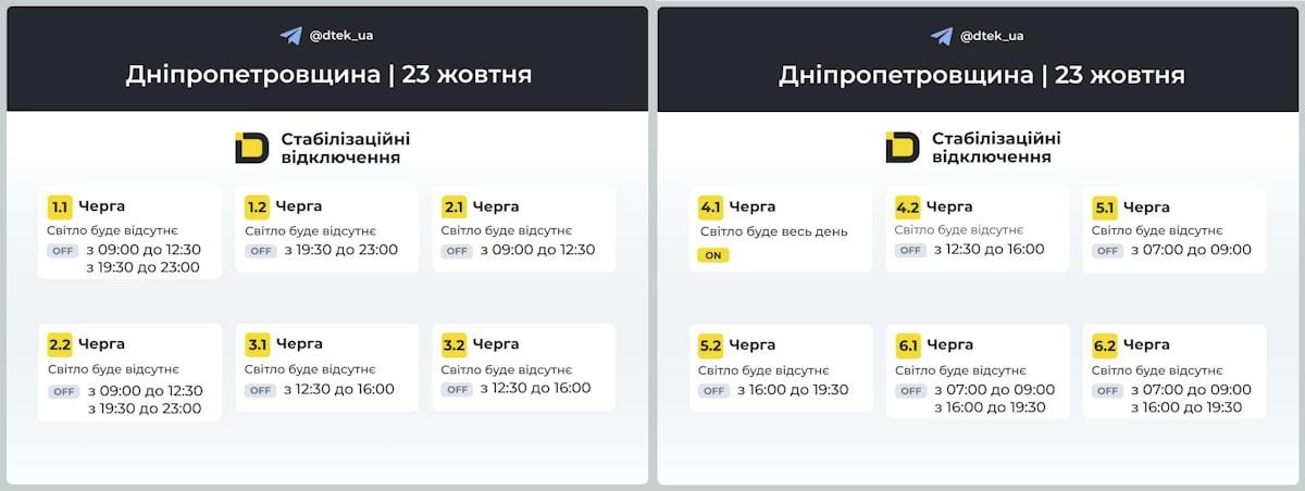 Графіки відключень для Київщини / скріншот t.me/dtek_ua Графіки відключень для Київщини / скріншот t.me/dtek_ua