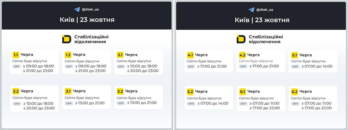 Графики отключений для Днепропетровщины / скриншот t.me/dtek_ua Графики отключений для Днепропетровщины / скриншот t.me/dtek_ua