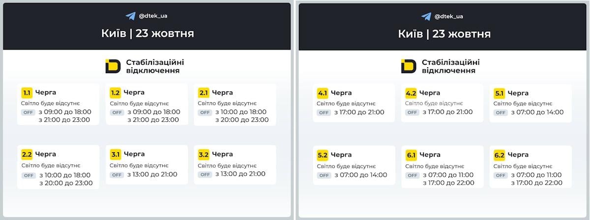 Графіки відключень для Дніпропетровщини / скріншот t.me/dtek_ua Графіки відключень для Дніпропетровщини / скріншот t.me/dtek_ua