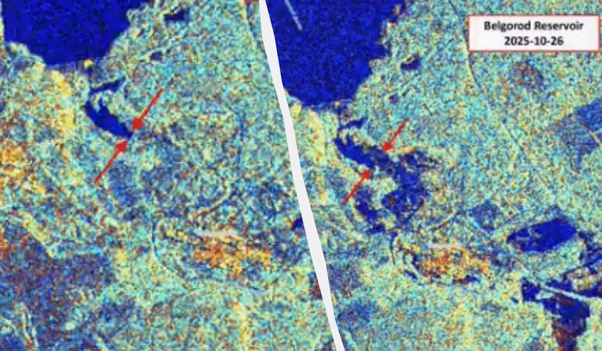 На супутникових знімках можна побачити розлив води на дамбі Бєлгородського водосховища / колаж УНІАН, фото t.me/exilenova_plus