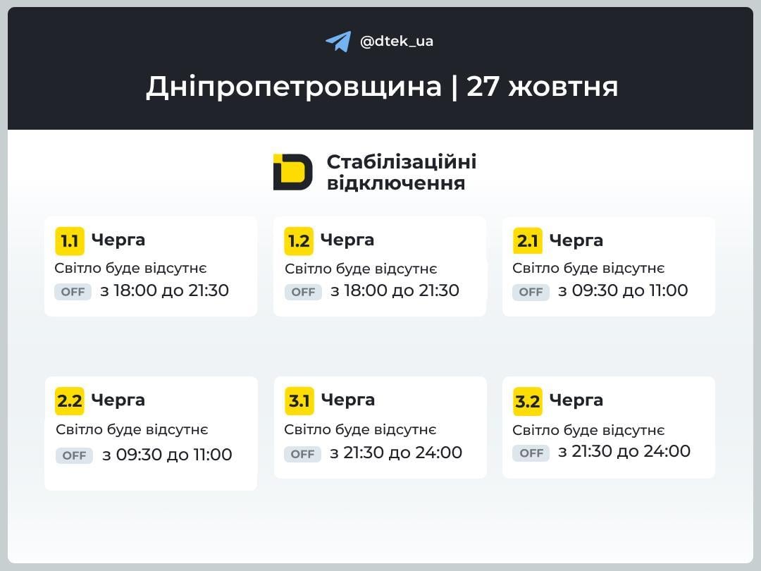 Графики отключения света на 27 октября: когда не будет электроэнергии Графики отключения света на 27 октября: когда не будет электроэнергии