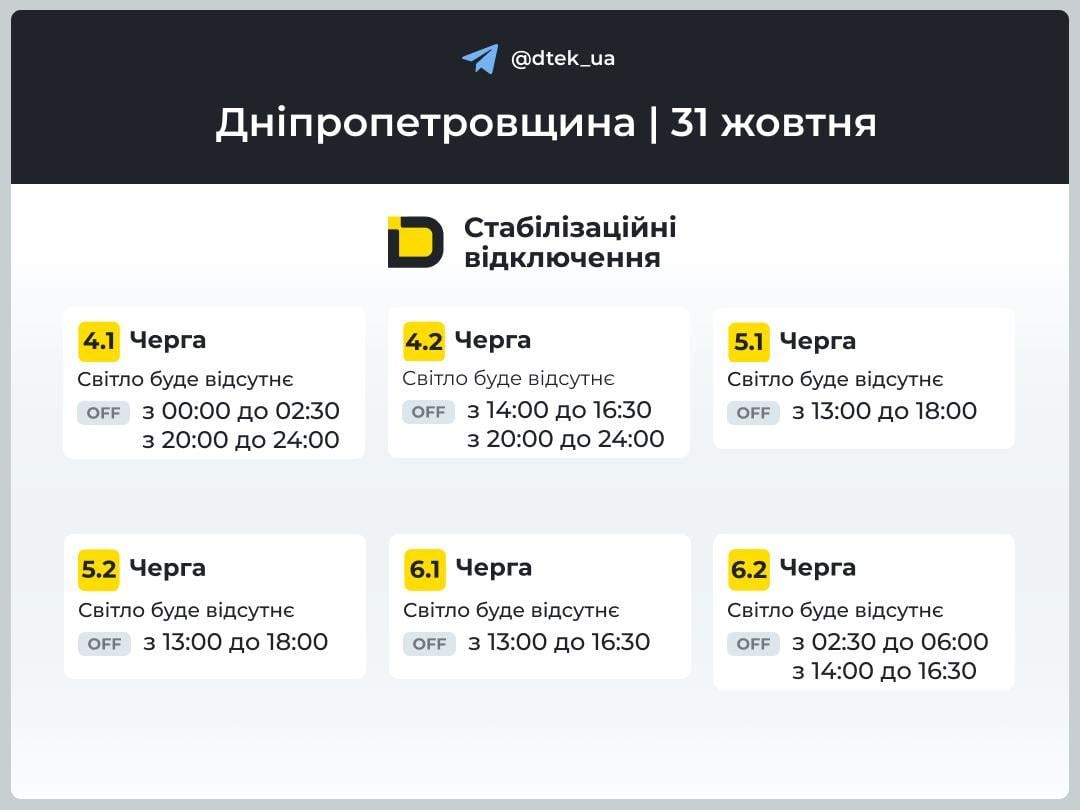 31 жовтня графіки відключень світла діятимуть усю добу: в 'Укренерго' розповіли деталі 31 жовтня графіки відключень світла діятимуть усю добу: в 'Укренерго' розповіли деталі