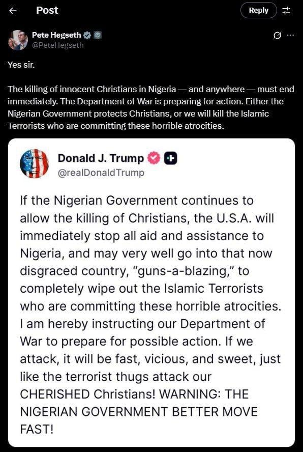 Трамп пригрозив Нігерії військовим вторгенням США / Фото: t.me/channel24_ua Трамп пригрозив Нігерії військовим вторгенням США / Фото: t.me/channel24_ua