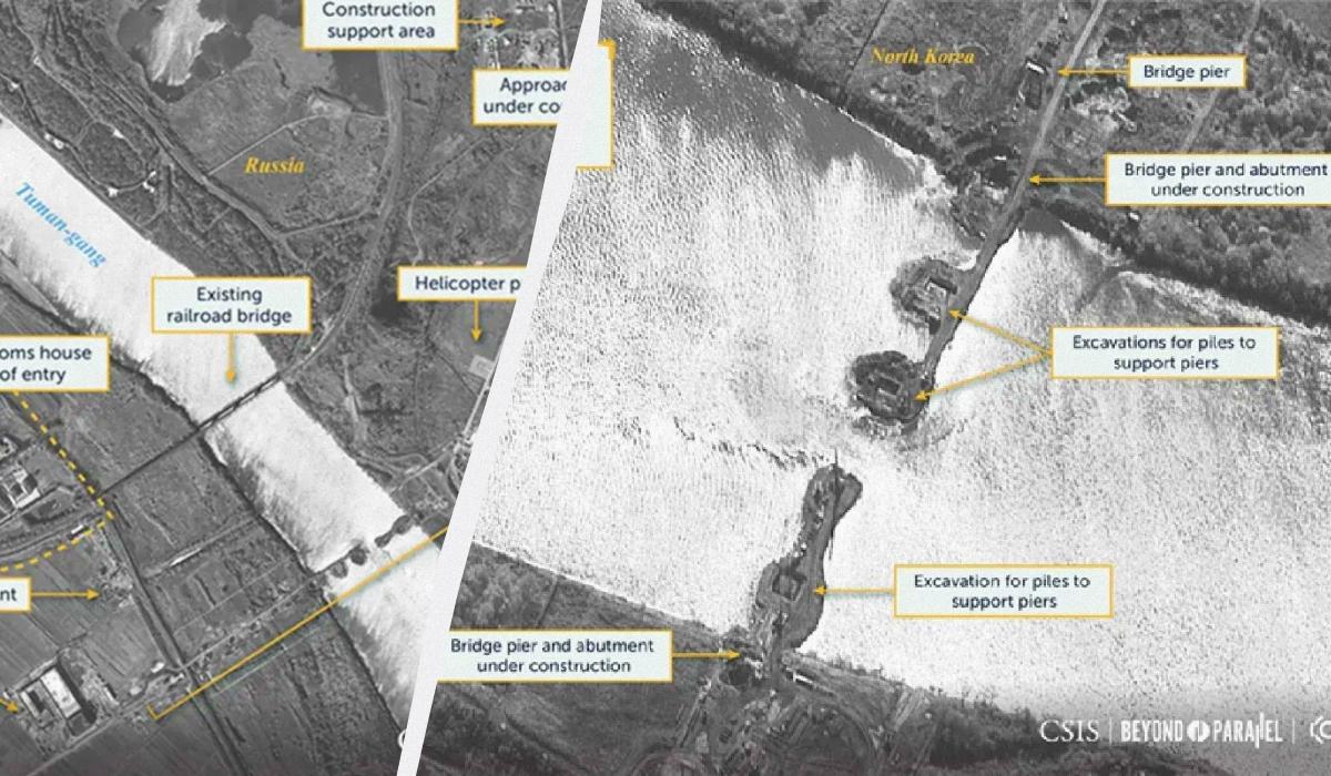 На супутникових знімках можна побачити новий автомобільний міст черех річку на кордоні РФ та КНДР / колаж УНІАН, фото CSIS/Vantor На супутникових знімках можна побачити новий автомобільний міст черех річку на кордоні РФ та КНДР / колаж УНІАН, фото CSIS/Vantor