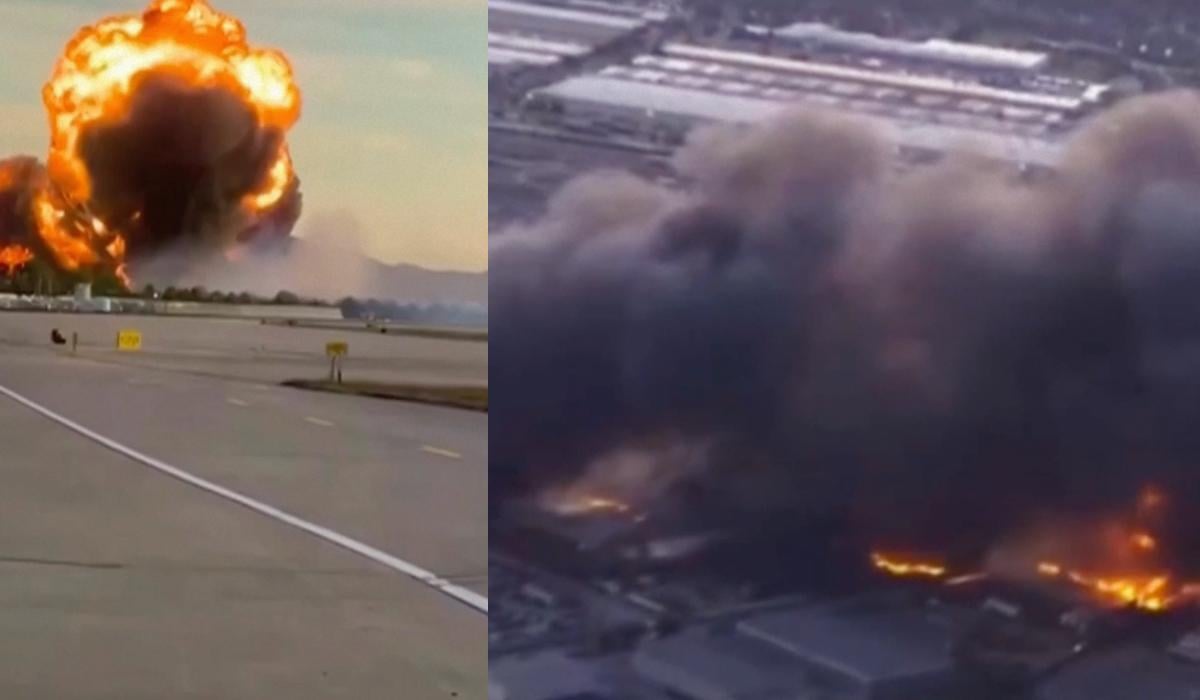 На відео видно полум'я на лівому крилі літака і слід диму На відео видно полум'я на лівому крилі літака і слід диму