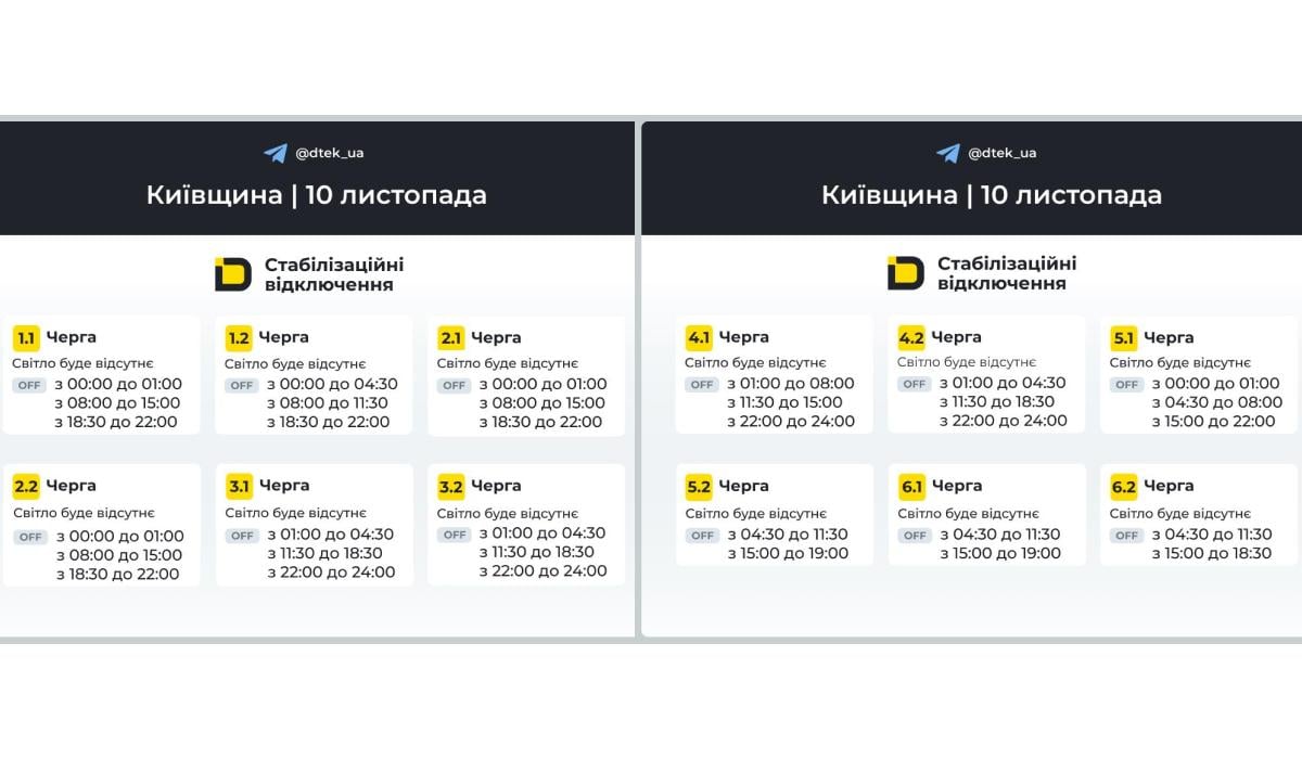 Графіки відключення світла у Київській області на 10 листопада / фото - ДТЕК Графіки відключення світла у Київській області на 10 листопада / фото - ДТЕК