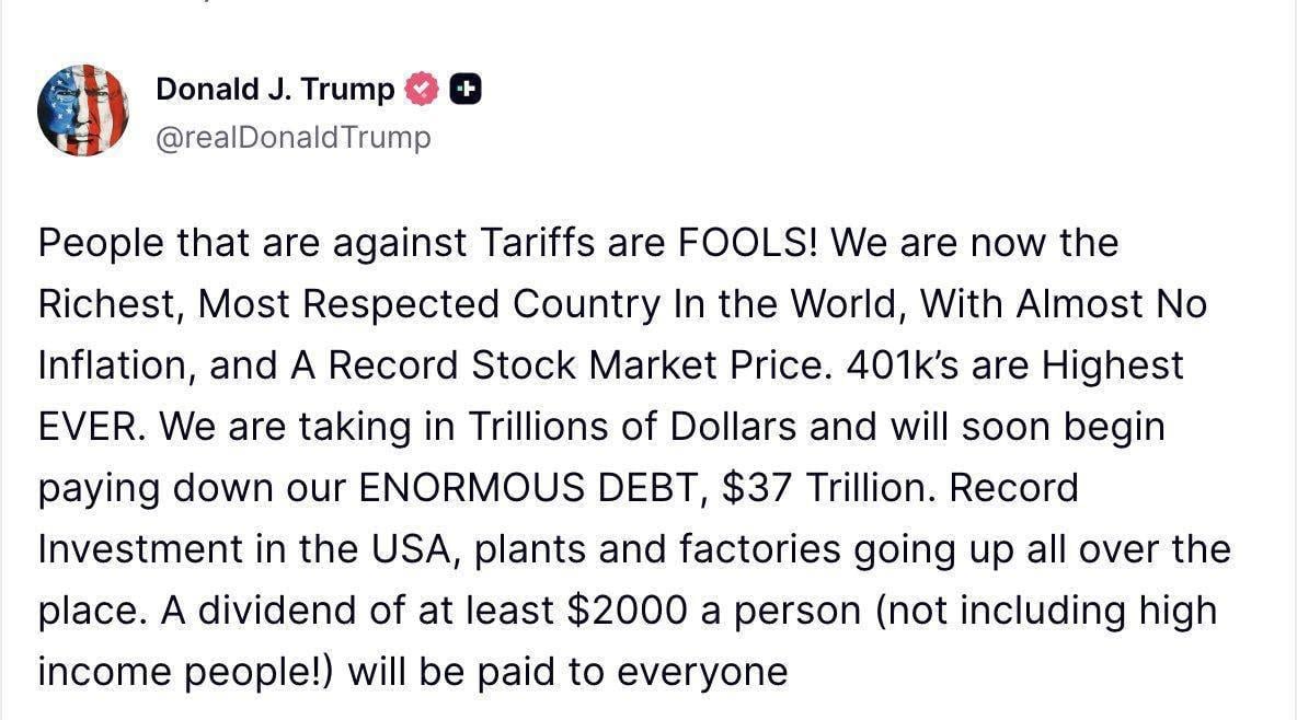 Допис Трампа в соцмережі / Фото: t.me/DonaldTrumpUA Допис Трампа в соцмережі / Фото: t.me/DonaldTrumpUA