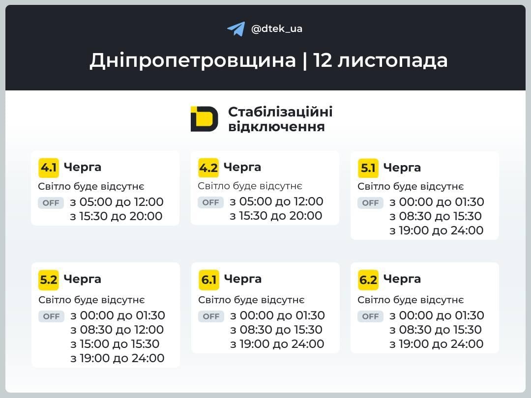 Графіки відключення світла у Дніпропетровській області 12 листопада