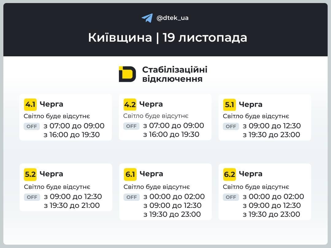 График отключения света Киевская область 19 ноября