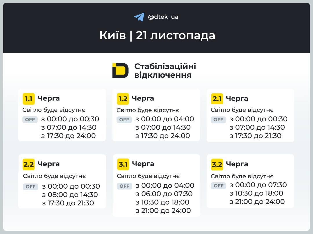 Графік відключення світла в Києві / Фото: t.me/dtek_ua