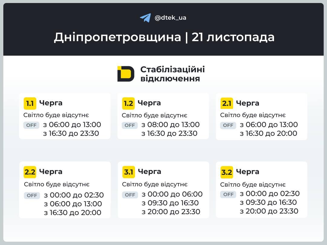 Графік вимкнення світла в Дніпропетровській області / фото: t.me/dtek_ua