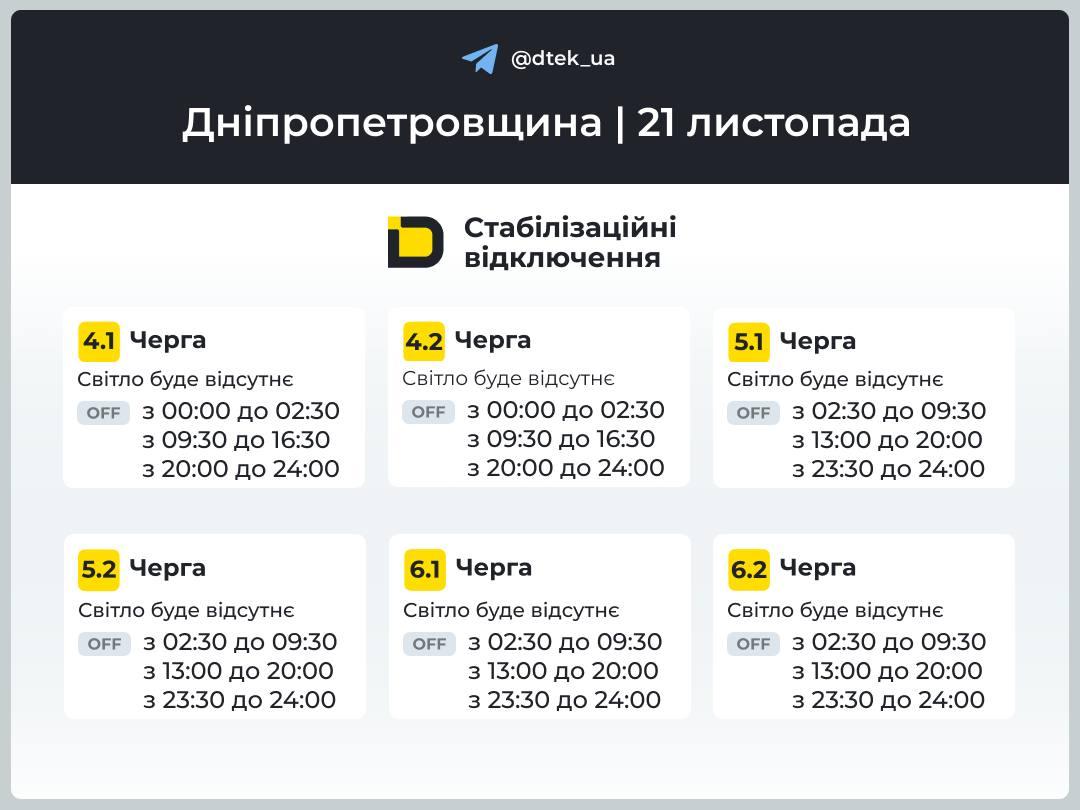 Графік вимкнення світла в Дніпропетровській області / фото: t.me/dtek_ua