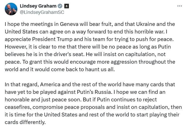 Сенатор Грэм предостерег, что Путин ожидает капитуляции Украины