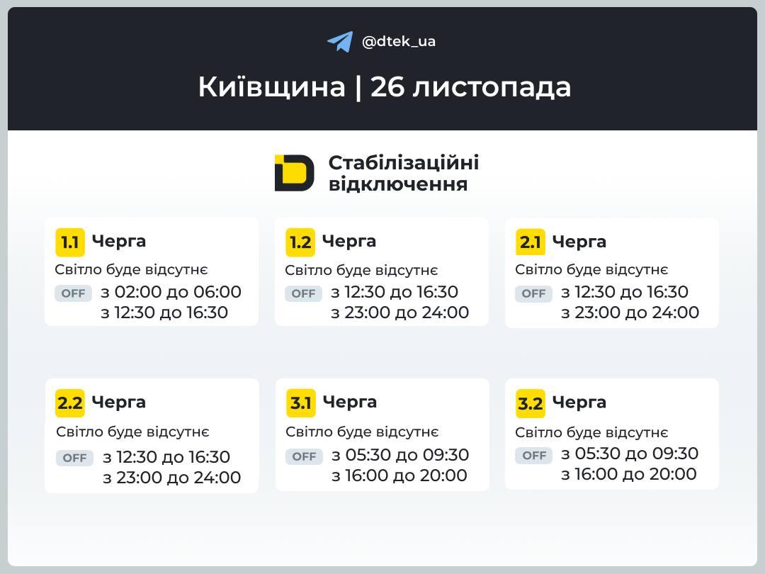 Графіки відключень 26 листопада: хто й на скільки залишиться без світла в середу