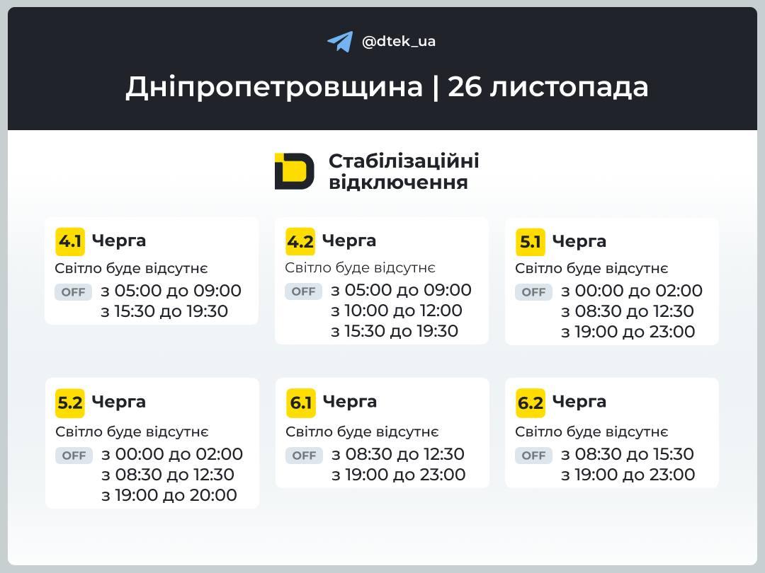 Графіки відключень 26 листопада: хто й на скільки залишиться без світла в середу