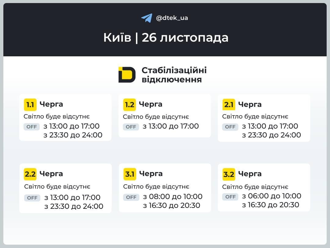 Світла стало трохи більше, але не у всіх: ДТЕК оновив графіки відключення на 26 листопада Світла стало трохи більше, але не у всіх: ДТЕК оновив графіки відключення на 26 листопада