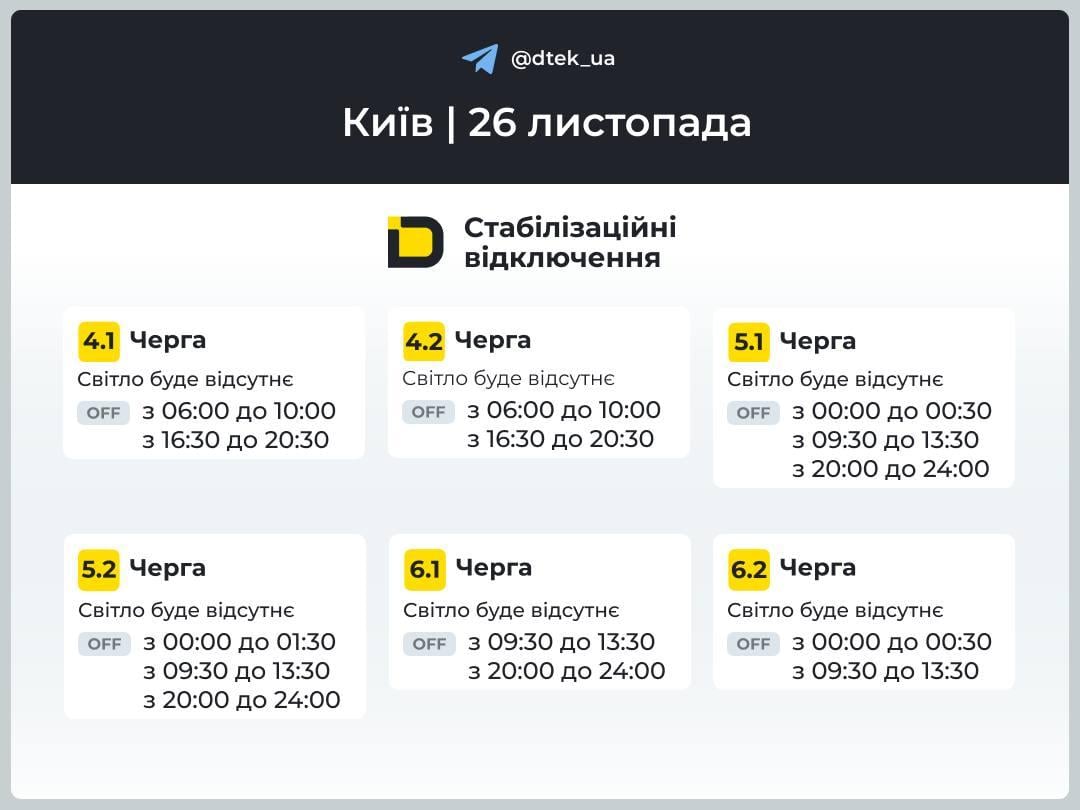 Світла стало трохи більше, але не у всіх: ДТЕК оновив графіки відключення на 26 листопада Світла стало трохи більше, але не у всіх: ДТЕК оновив графіки відключення на 26 листопада