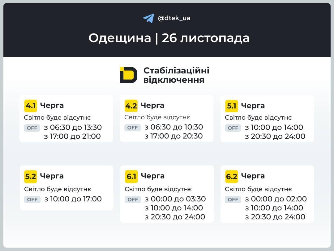 Світла стало трохи більше, але не у всіх: ДТЕК оновив графіки відключення на 26 листопада Світла стало трохи більше, але не у всіх: ДТЕК оновив графіки відключення на 26 листопада