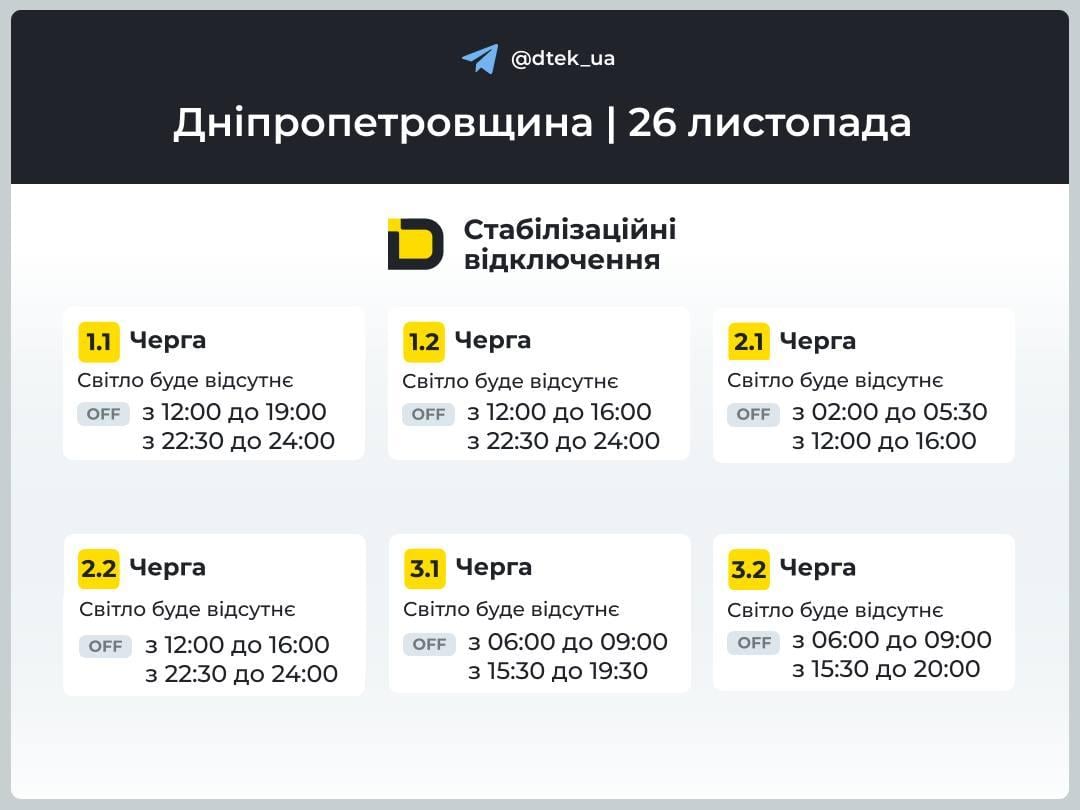 Світла стало трохи більше, але не у всіх: ДТЕК оновив графіки відключення на 26 листопада Світла стало трохи більше, але не у всіх: ДТЕК оновив графіки відключення на 26 листопада