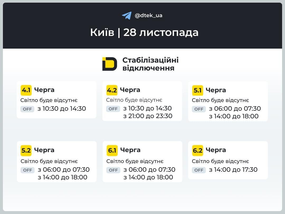 График отключения света для столицы / Фото: t.me/dtek_ua