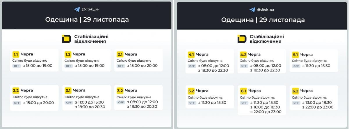 Графіки відключень на Дніпропетровщині сьогодні / інфографіка t.me/dtek_ua