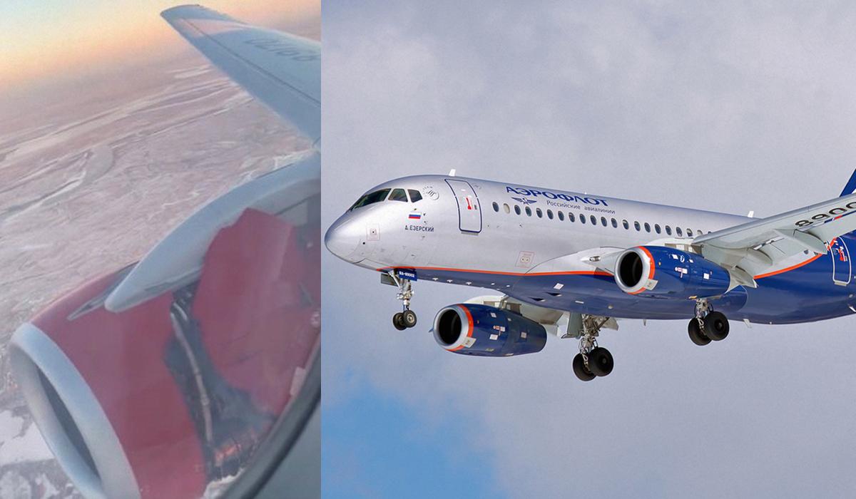 У листопаді на літаку Sukhoi SuperJet компанії "Росія" відірвало деталі обшивки під час польоту / колаж УНІАН, фото скріншот, Вікіпедія У листопаді на літаку Sukhoi SuperJet компанії "Росія" відірвало деталі обшивки під час польоту / колаж УНІАН, фото скріншот, Вікіпедія