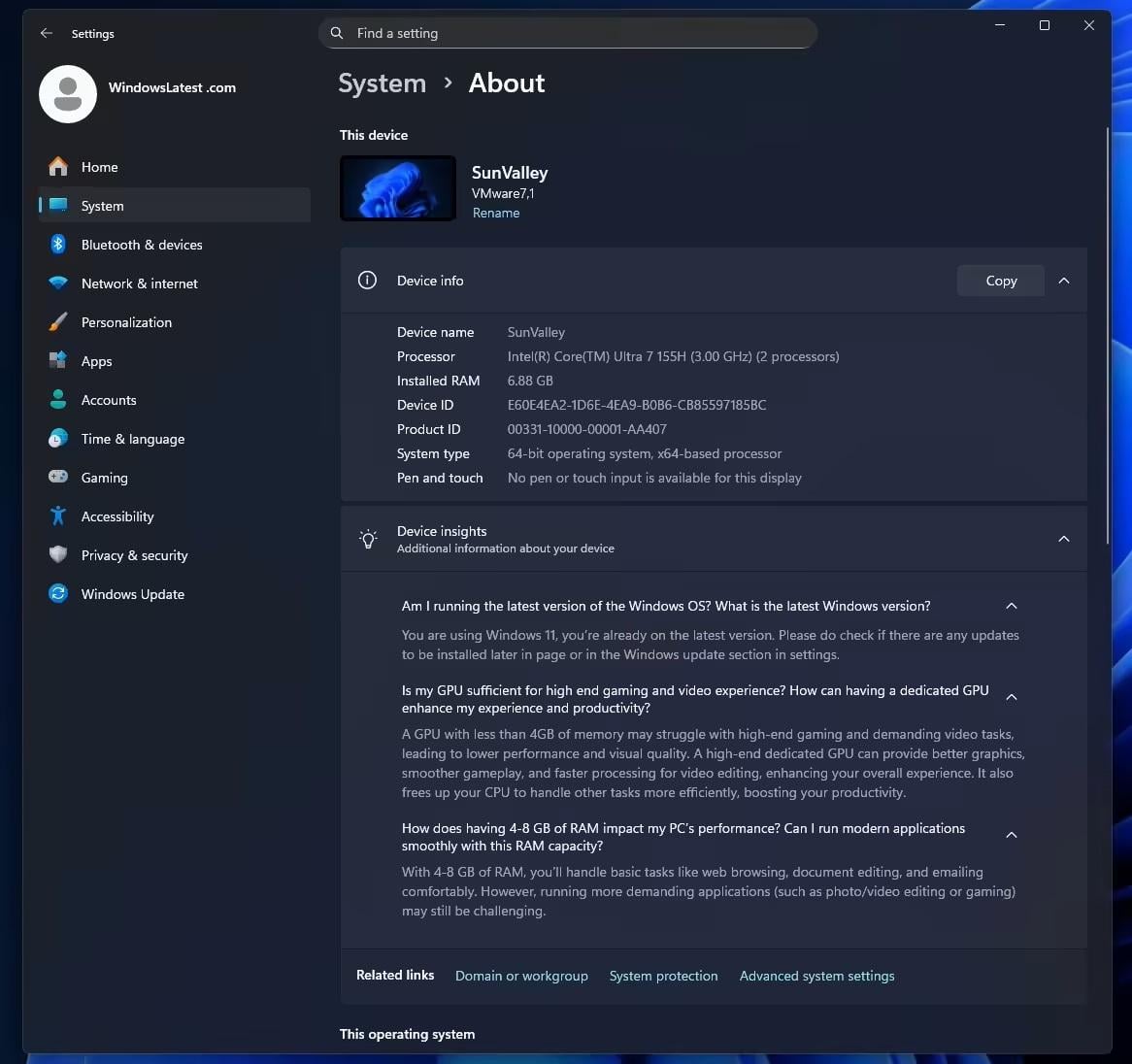 Оновлений розділ "Інформації про пристрій" у Windows 11