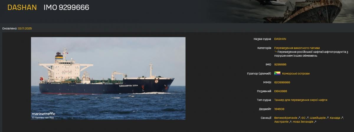 Карточка судна DASHAN из перечня "Теневого флота" в реестре ГУР. Это судно, по заявлениям россиян, было атаковано сразу 4-мя БЭКами. Данные: War Sanctions/ ГУР Карточка судна DASHAN из перечня "Теневого флота" в реестре ГУР. Это судно, по заявлениям россиян, было атаковано сразу 4-мя БЭКами. Данные: War Sanctions/ ГУР