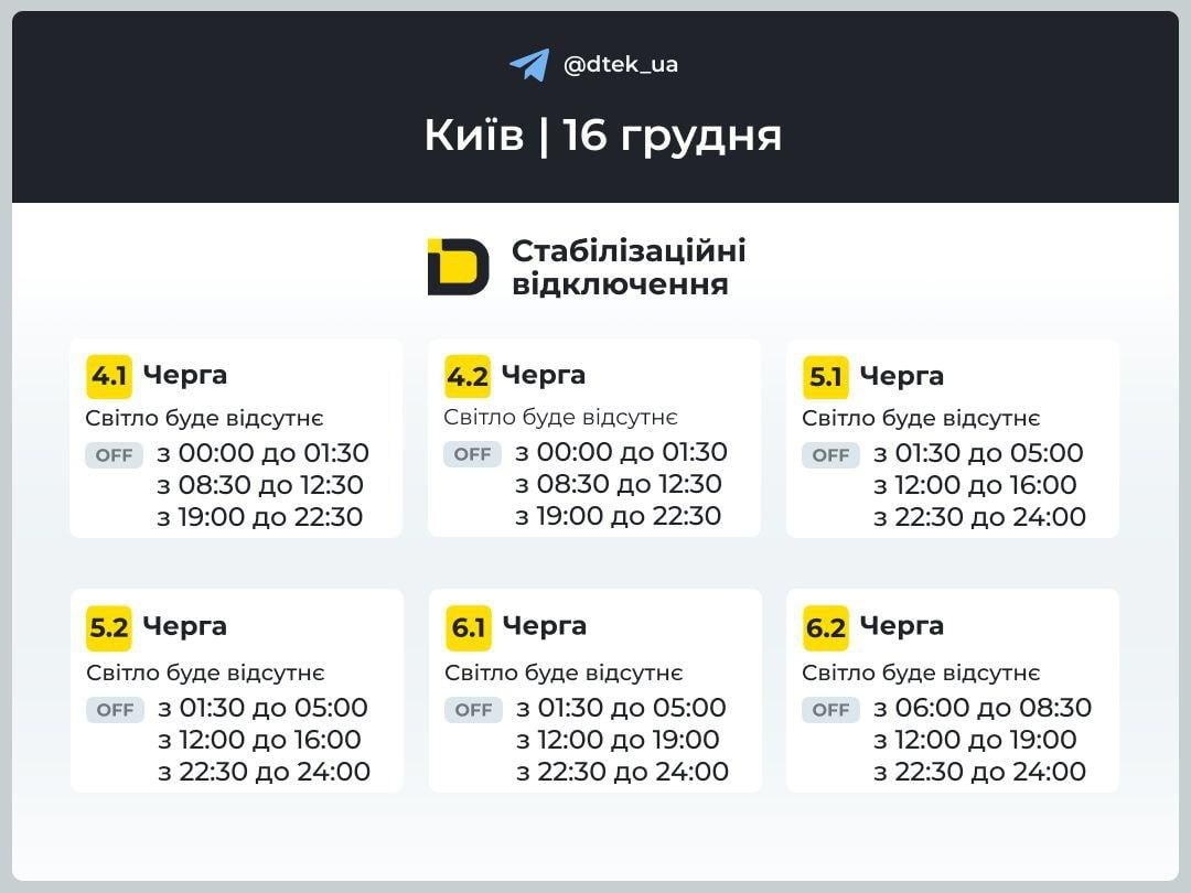 Графіки відключень на 16 грудня для Києва Графіки відключень на 16 грудня для Києва