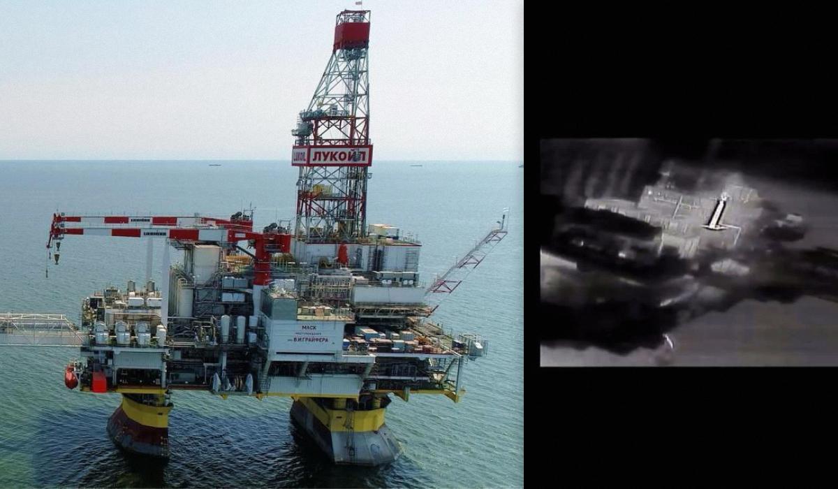 Дрони СБУ уразили чергову нафтодобувну платформу РФ у Каспійському морі / колаж УНІАН, фото джерела СБУ