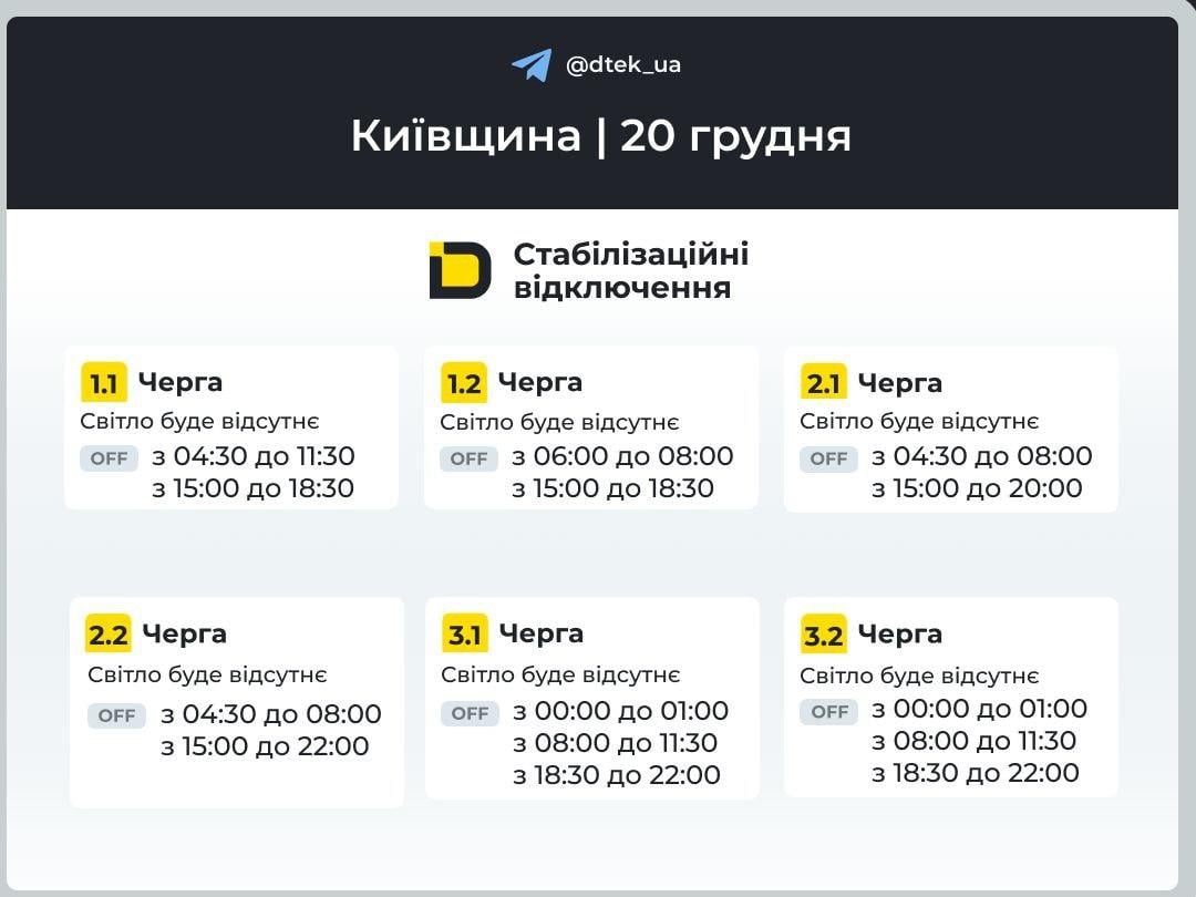 Отключения света 20 декабря: когда украинцы будут без электроэнергии в субботу