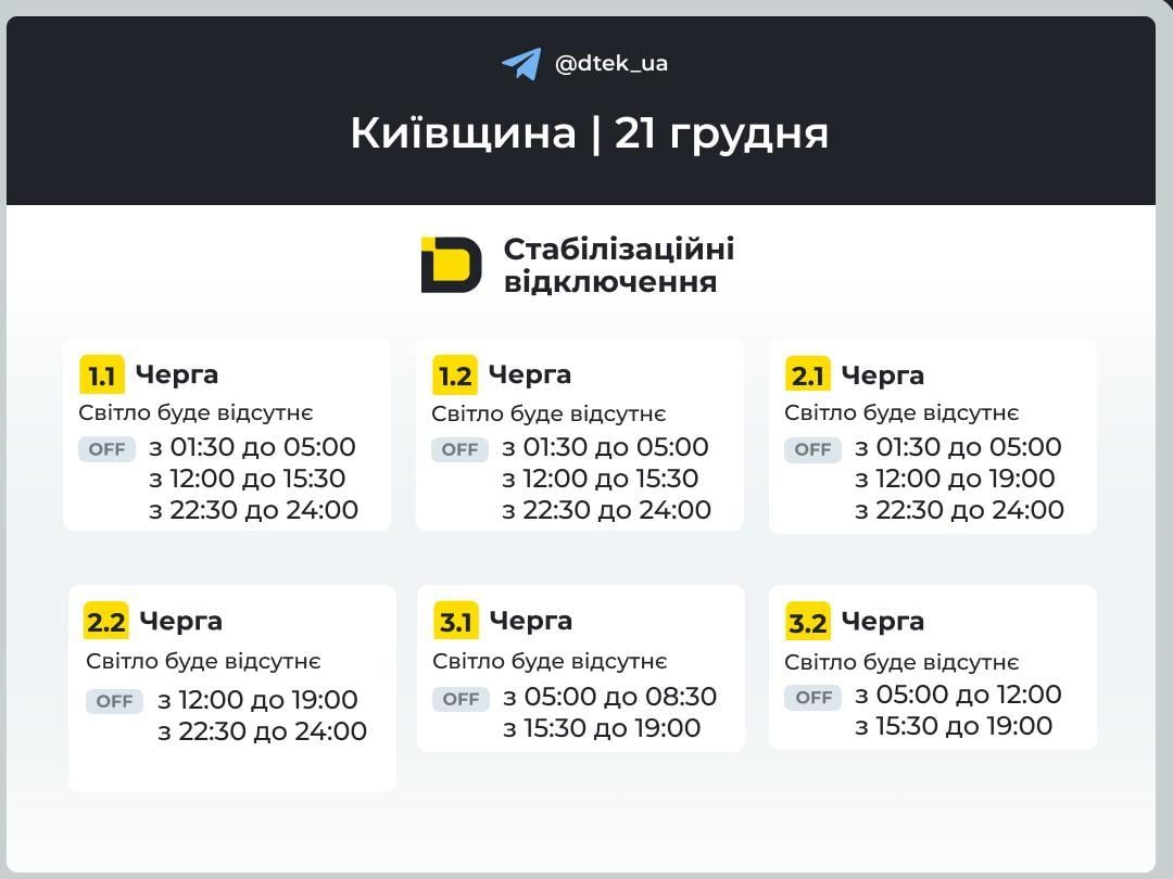 Графіки відключень світла на 21 грудня: енергетики обіцяють до 13,5 годин в темряві