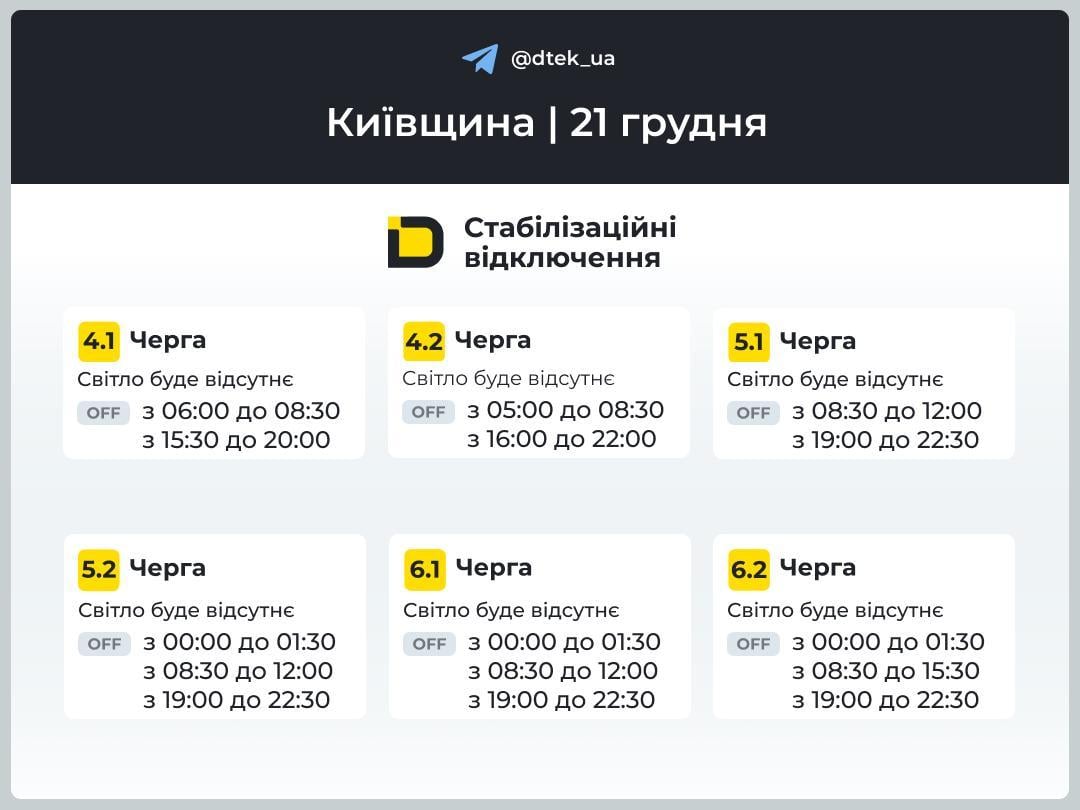 Графіки відключень світла на 21 грудня: енергетики обіцяють до 13,5 годин в темряві