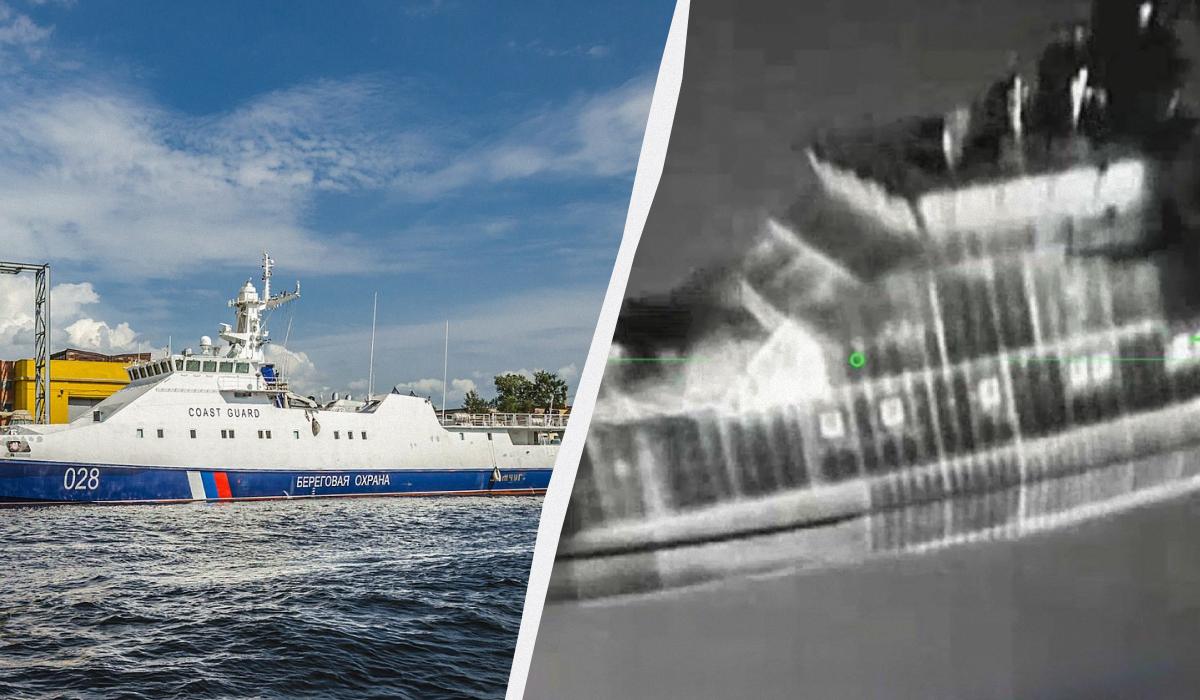 Ураженний  корабель проєкту 22460 "Охотнік" у Каспійському морі / колаж УНІАН, фото Вікіпедія, Сили спеціальних операцій